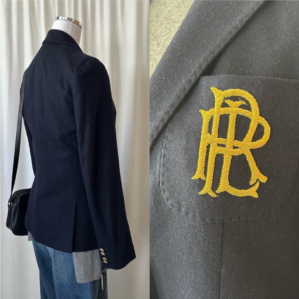 Navy blue Ralph Lauren blazer wool cashmere with gold embroidered monogram. - Picture 5 of 8
